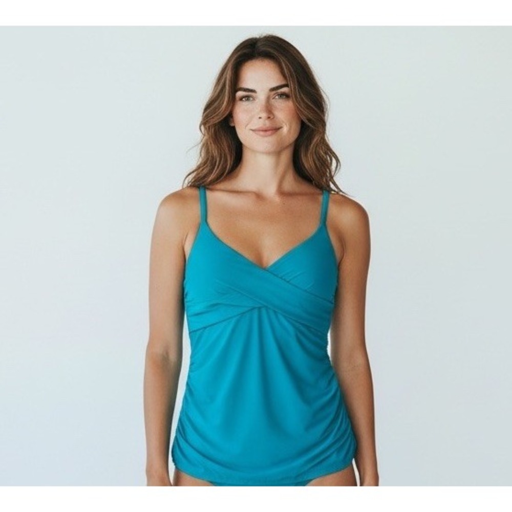 Anne Cole XL UPF 50 Twist Front Ruched Tankini Swim Top Underwire Turquoise NEW